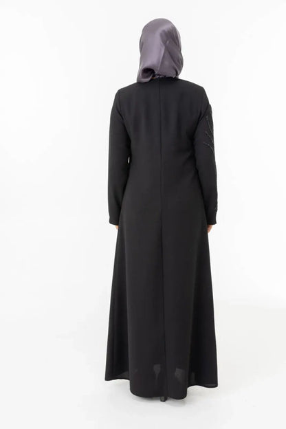 Black Zippered Hijab Abaya with Crystal Stone Details ZRNY 5506 - 25 - ihvan