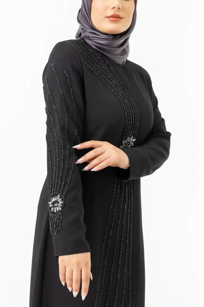 Black Zippered Hijab Abaya with Crystal Stone Details ZRNY 5506 - 25 - ihvan
