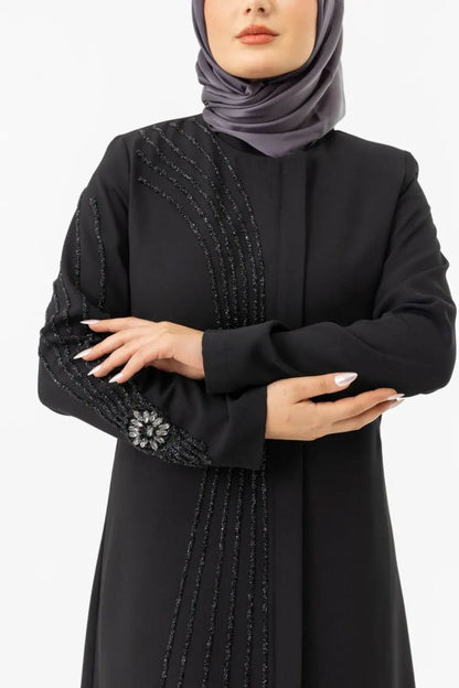 Black Zippered Hijab Abaya with Crystal Stone Details ZRNY 5506 - 25 - ihvan