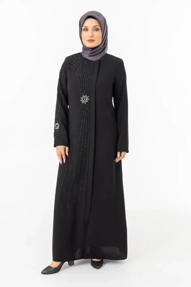Black Zippered Hijab Abaya with Crystal Stone Details ZRNY 5506 - 25 - ihvan
