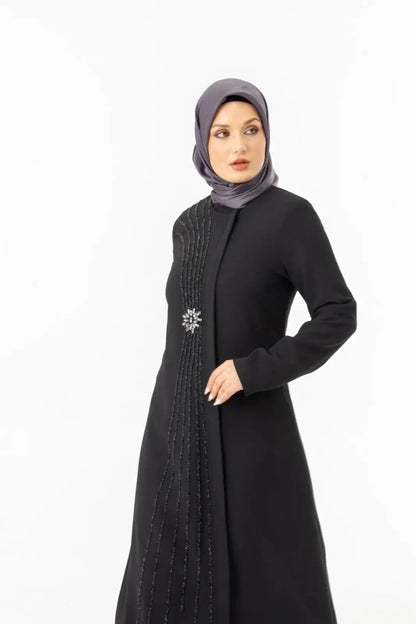 Black Zippered Hijab Abaya with Crystal Stone Details ZRNY 5506 - 25 - ihvan