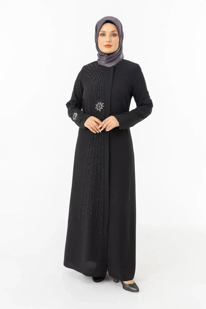 Black Zippered Hijab Abaya with Crystal Stone Details ZRNY 5506 - 25 - ihvan