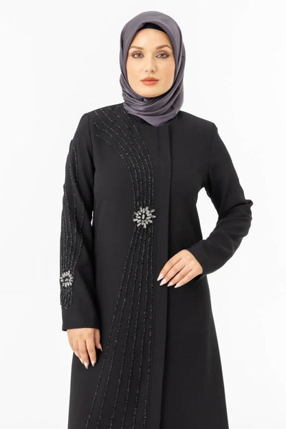 Black Zippered Hijab Abaya with Crystal Stone Details ZRNY 5506 - 25 - ihvan