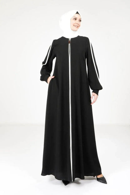 Black Zippered Sleeveless Sporty Hijab Abaya with White Trim 9327 - 25 - ihvan