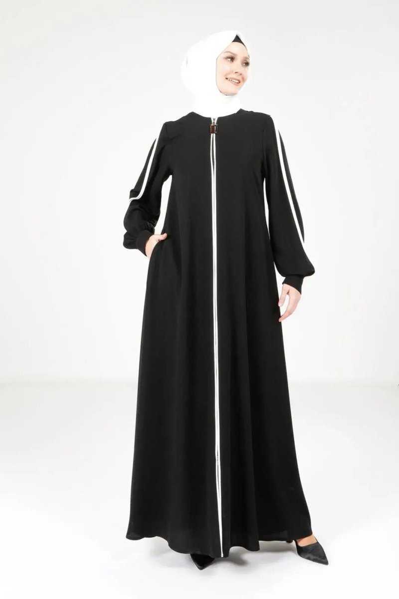 Black Zippered Sleeveless Sporty Hijab Abaya with White Trim 9327 - 25 - ihvan