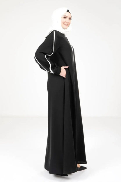 Black Zippered Sleeveless Sporty Hijab Abaya with White Trim 9327 - 25 - ihvan