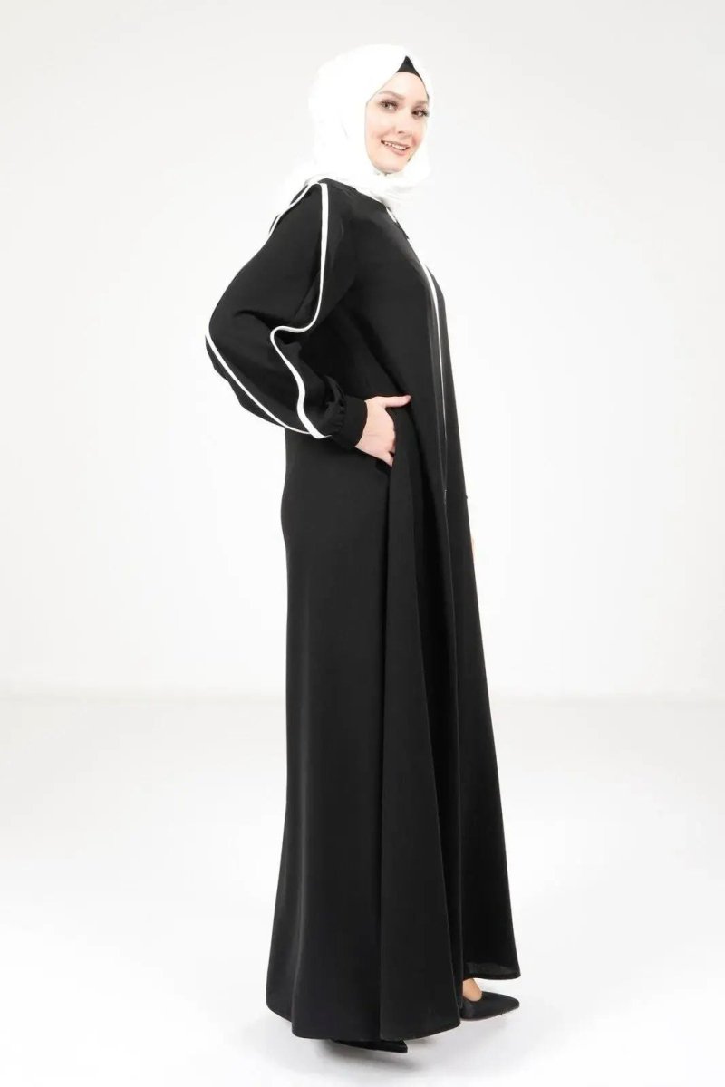Black Zippered Sleeveless Sporty Hijab Abaya with White Trim 9327 - 25 - ihvan