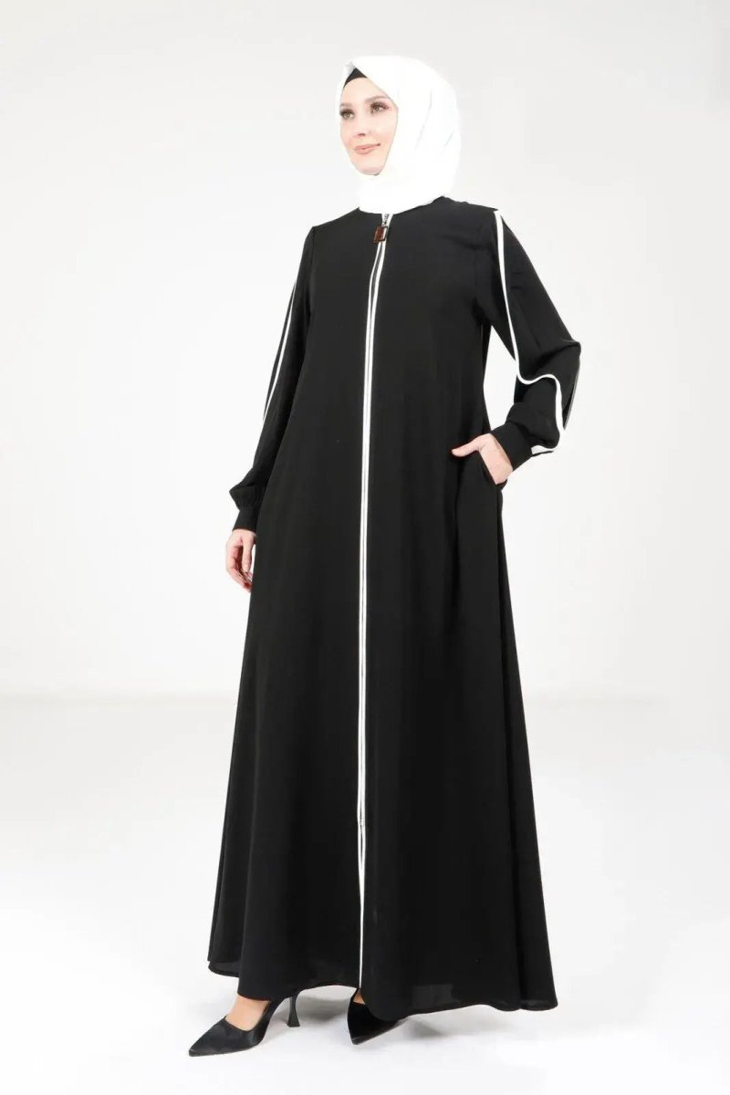 Black Zippered Sleeveless Sporty Hijab Abaya with White Trim 9327 - 25 - ihvan