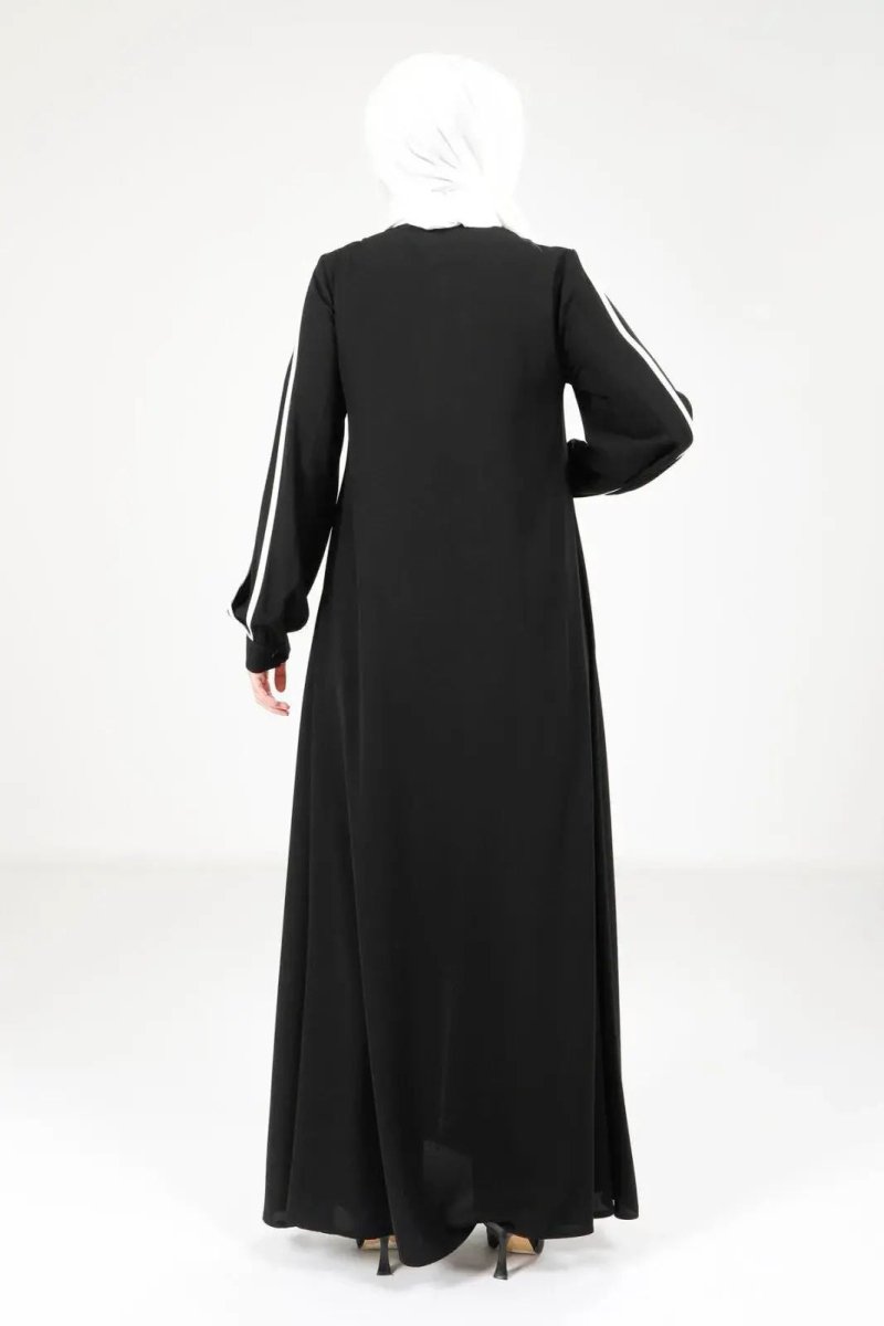 Black Zippered Sleeveless Sporty Hijab Abaya with White Trim 9327 - 25 - ihvan