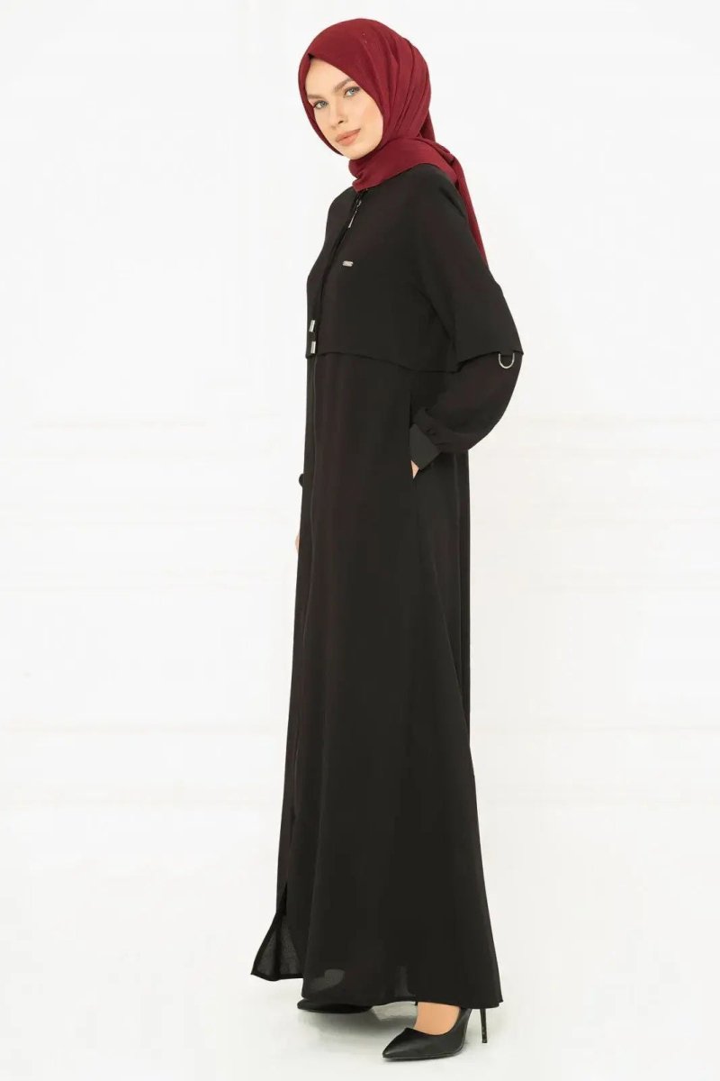 Black Zippered Vest Sporty Hijab Abaya 3163 - 25 - ihvan
