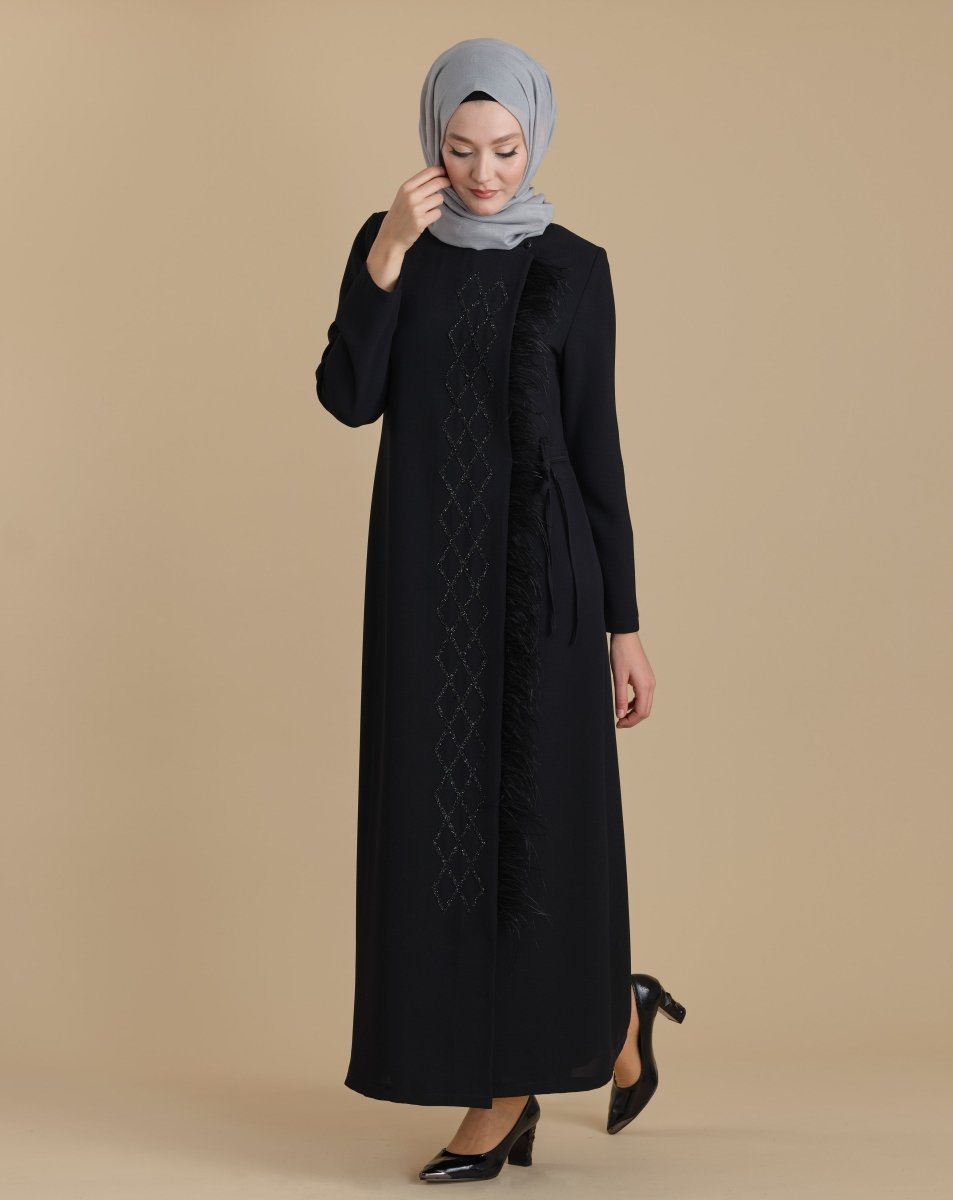 Black Zippered Wrap - Around Embellished Feathered Hijab Abaya - ihvan