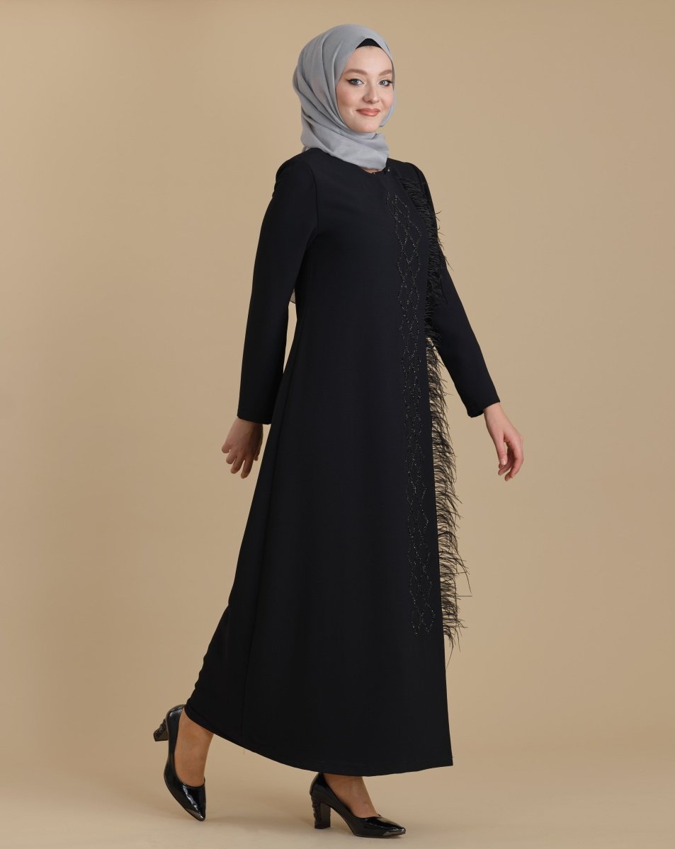 Black Zippered Wrap - Around Embellished Feathered Hijab Abaya - ihvan