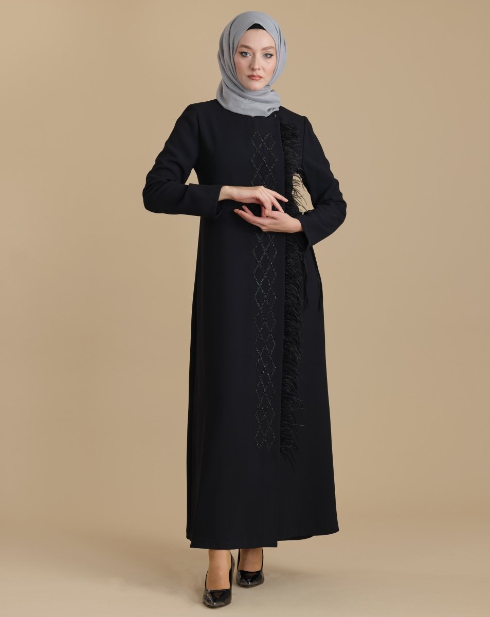 Black Zippered Wrap - Around Embellished Feathered Hijab Abaya - ihvan