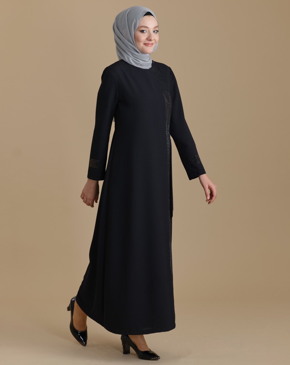 Black Zippered Wrap - Around Embellished Hijab Abaya - ihvan