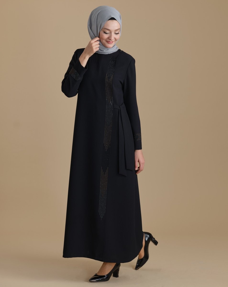 Black Zippered Wrap - Around Embellished Hijab Abaya - ihvan