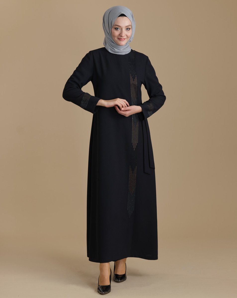 Black Zippered Wrap - Around Embellished Hijab Abaya - ihvan