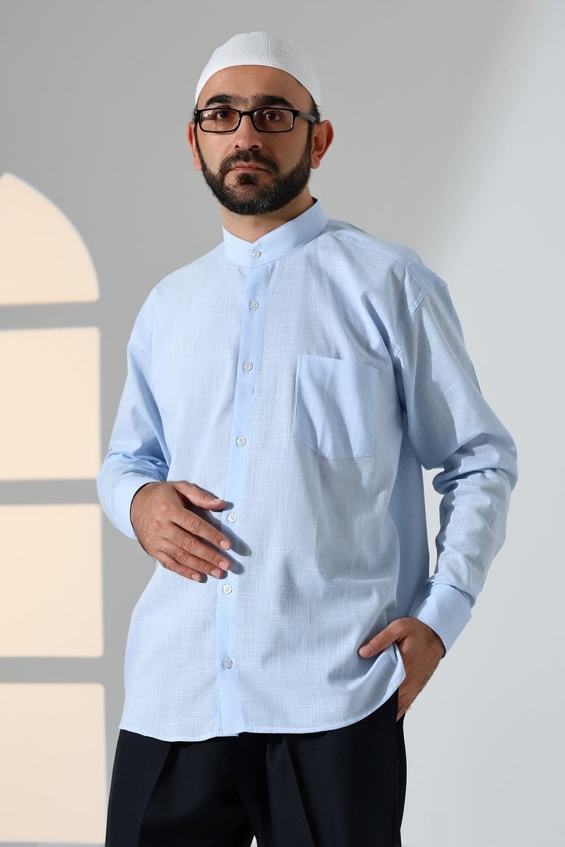 Blue Men's Loose Fit Single Pocket Mandarin Collar Hajj and Umrah Linen Shirt - ihvan