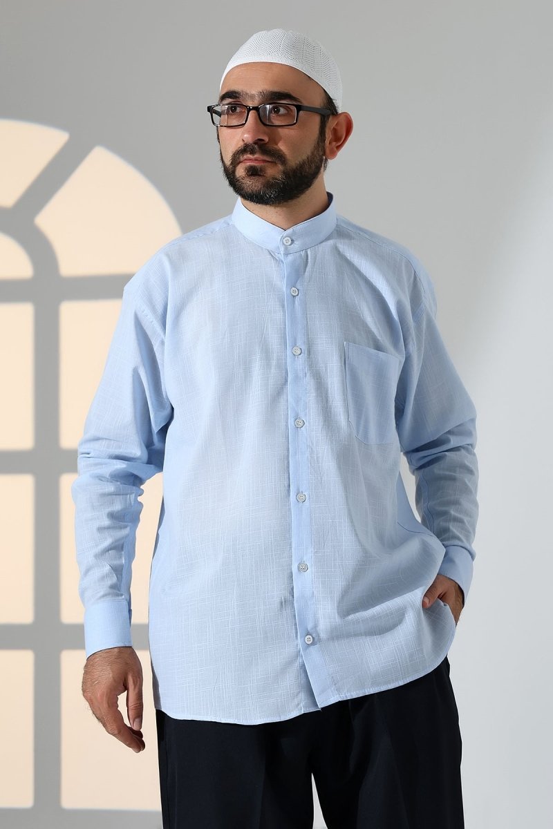 Blue Men's Loose Fit Single Pocket Mandarin Collar Hajj and Umrah Linen Shirt - ihvan