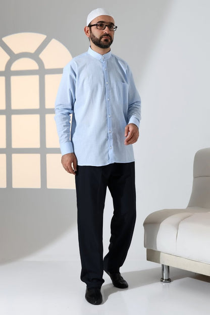 Blue Men's Loose Fit Single Pocket Mandarin Collar Hajj and Umrah Linen Shirt - ihvan