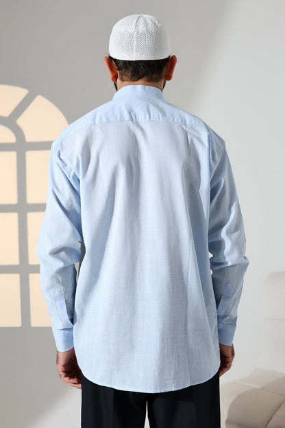 Blue Men's Loose Fit Single Pocket Mandarin Collar Hajj and Umrah Linen Shirt - ihvan