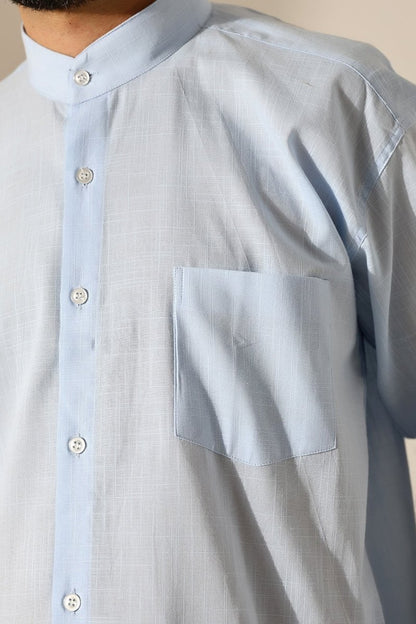 Blue Men's Loose Fit Single Pocket Mandarin Collar Hajj and Umrah Linen Shirt - ihvan
