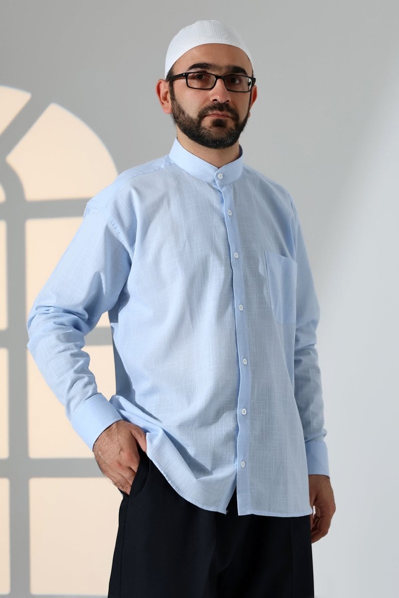 Blue Men's Loose Fit Single Pocket Mandarin Collar Hajj and Umrah Linen Shirt - ihvan