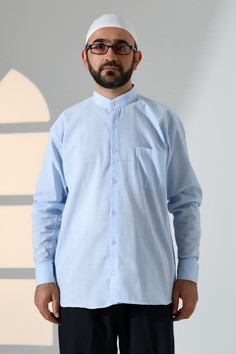 Blue Men's Loose Fit Single Pocket Mandarin Collar Hajj and Umrah Linen Shirt - ihvan