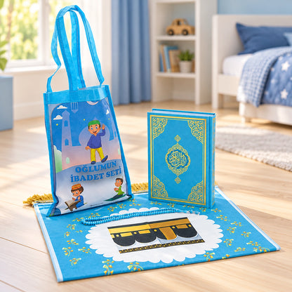 Girls’ Islamic Prayer Set with Personalized Kaaba Prayer Mat, Quran, Tasbih & Carry Bag