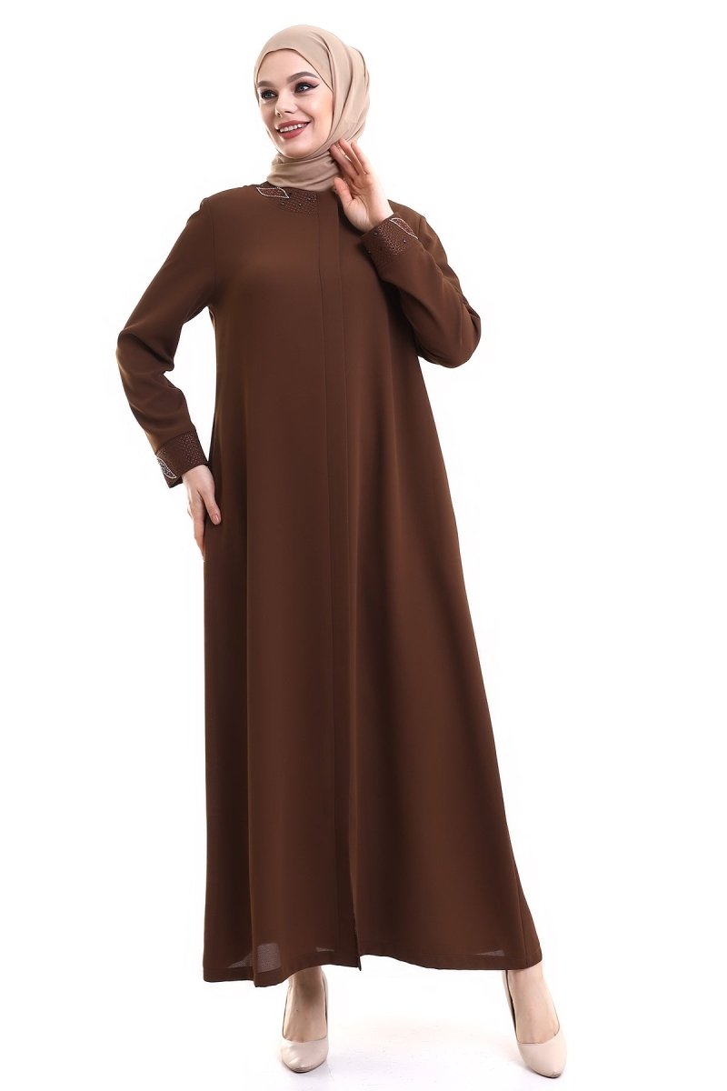 Brown Hijab Abaya with Concealed Zipper and Crystal Embellished Collar 23300 - ihvan