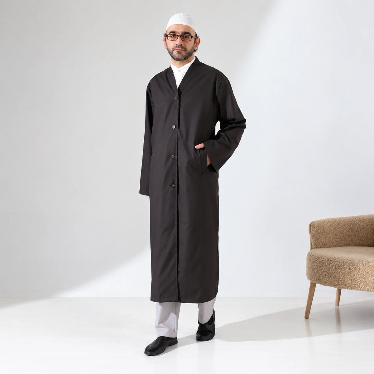 Men’s Bukhara Collar Jubbah – Half-Lined Buttoned Islamic Robe