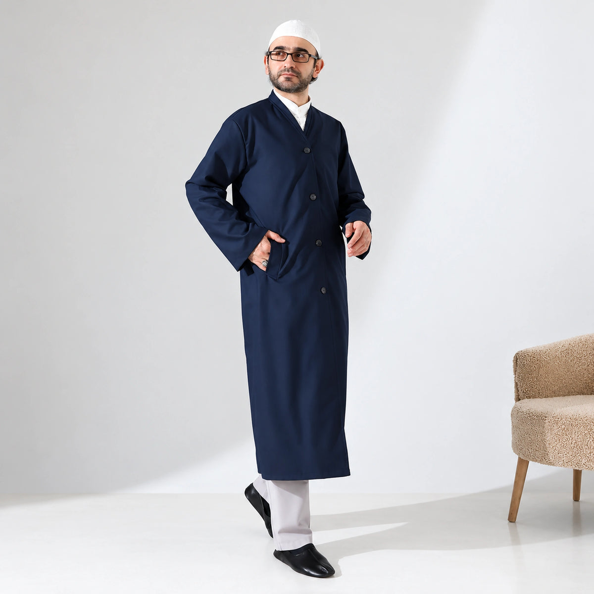 Men’s Bukhara Collar Jubbah – Half-Lined Buttoned Islamic Robe