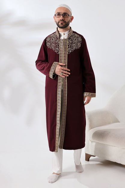 Burgundy Mandarin Collar Men's Prayer Robe with Striped Embroidery - Imam Robe - ihvan