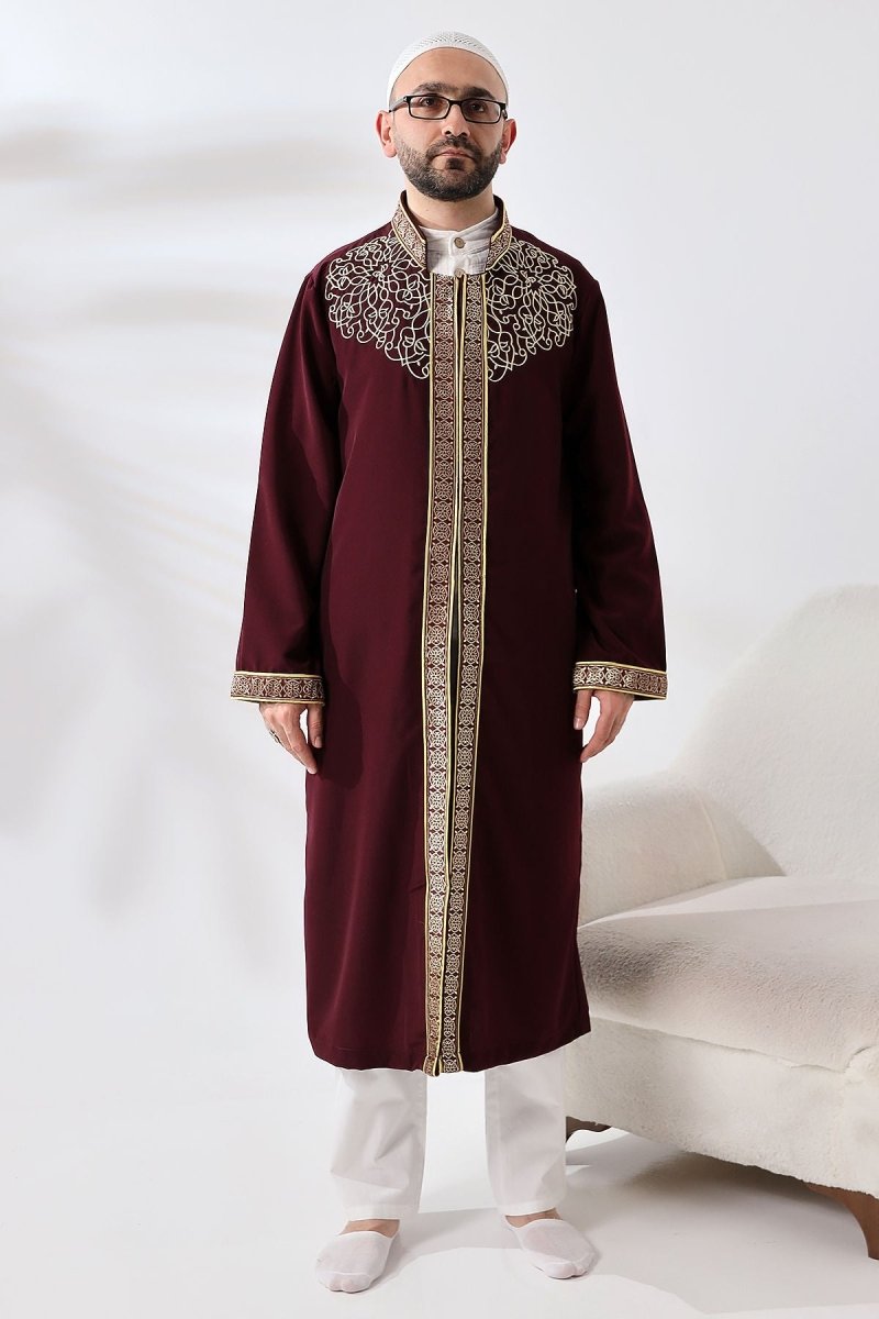 Burgundy Mandarin Collar Men's Prayer Robe with Striped Embroidery - Imam Robe - ihvan