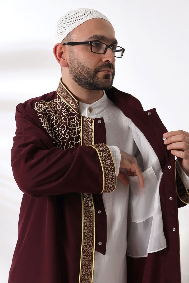 Burgundy Mandarin Collar Men's Prayer Robe with Striped Embroidery - Imam Robe - ihvan