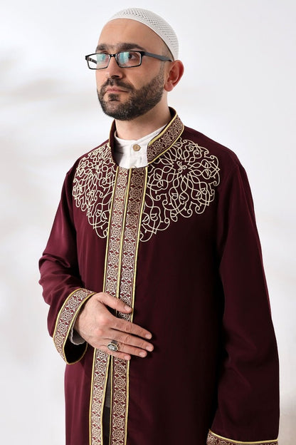Burgundy Mandarin Collar Men's Prayer Robe with Striped Embroidery - Imam Robe - ihvan
