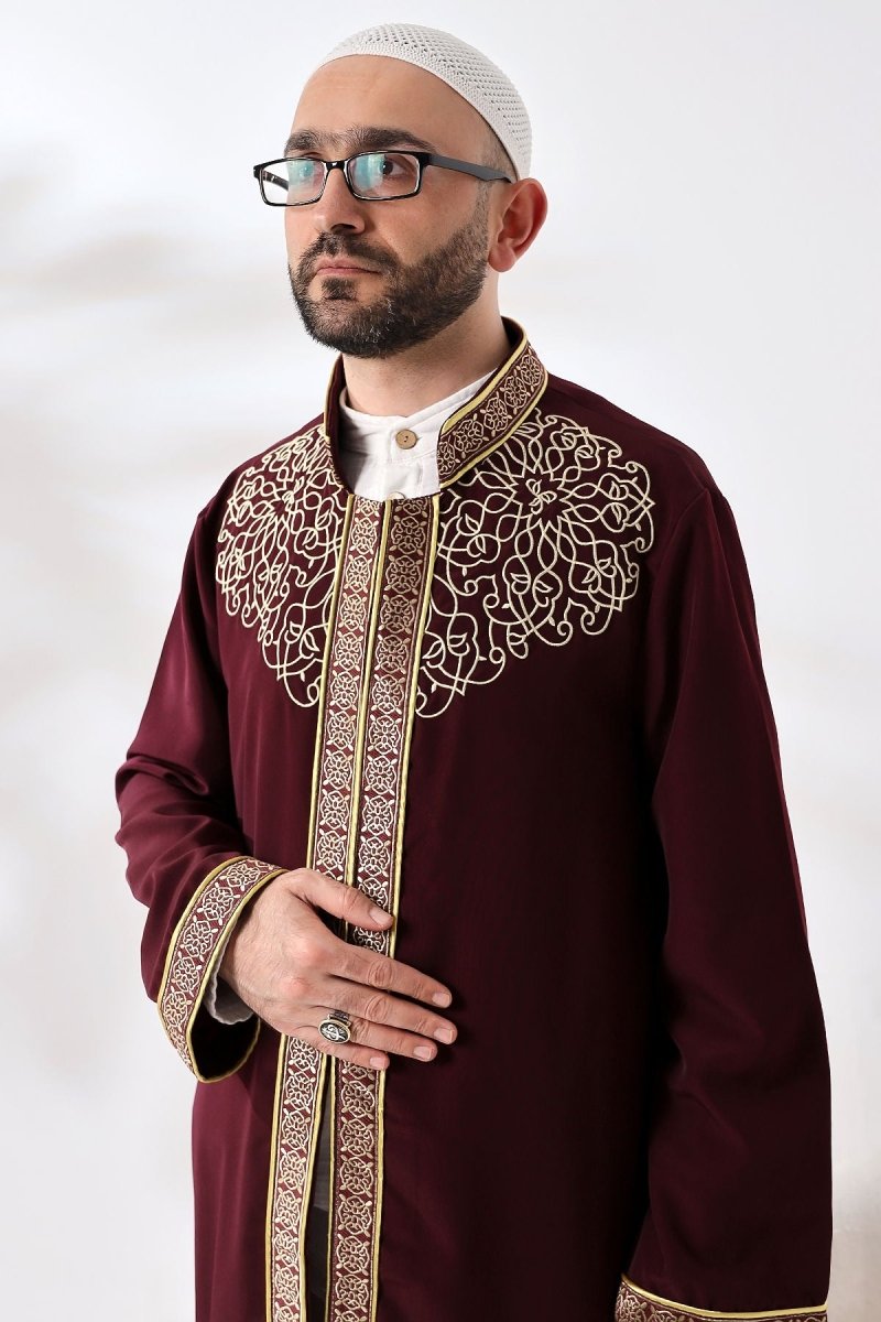 Burgundy Mandarin Collar Men's Prayer Robe with Striped Embroidery - Imam Robe - ihvan