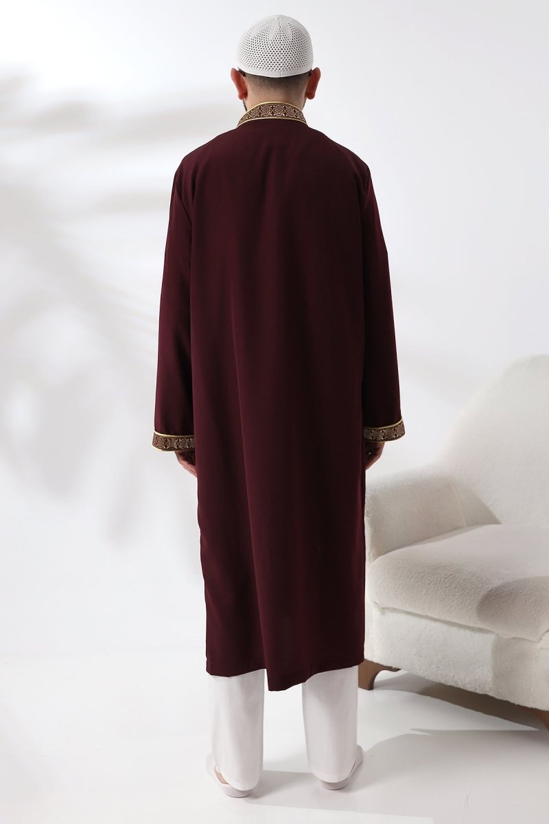 Burgundy Mandarin Collar Men's Prayer Robe with Striped Embroidery - Imam Robe - ihvan