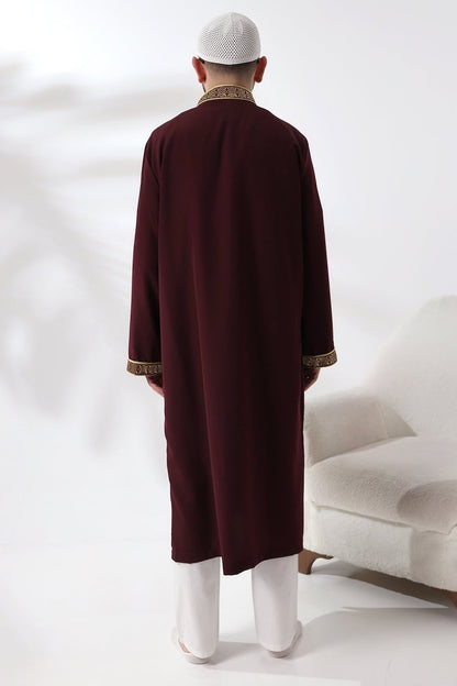 Burgundy Mandarin Collar Men's Prayer Robe with Striped Embroidery - Imam Robe - ihvan