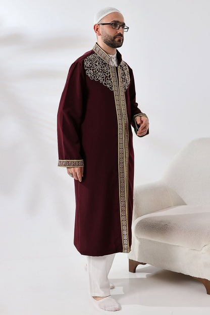 Burgundy Mandarin Collar Men's Prayer Robe with Striped Embroidery - Imam Robe - ihvan