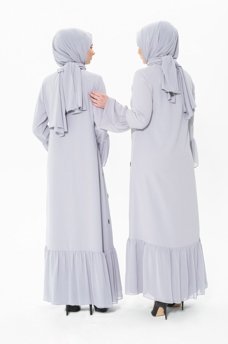 Buttoned Stone Embellished Grey Abaya 3007-1 - ihvan