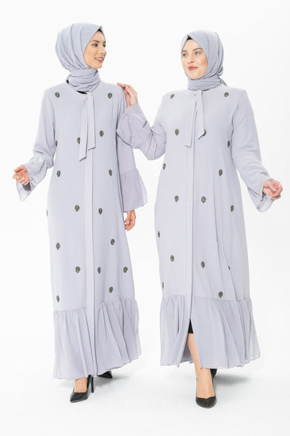 Buttoned Stone Embellished Grey Abaya 3007-1 - ihvan