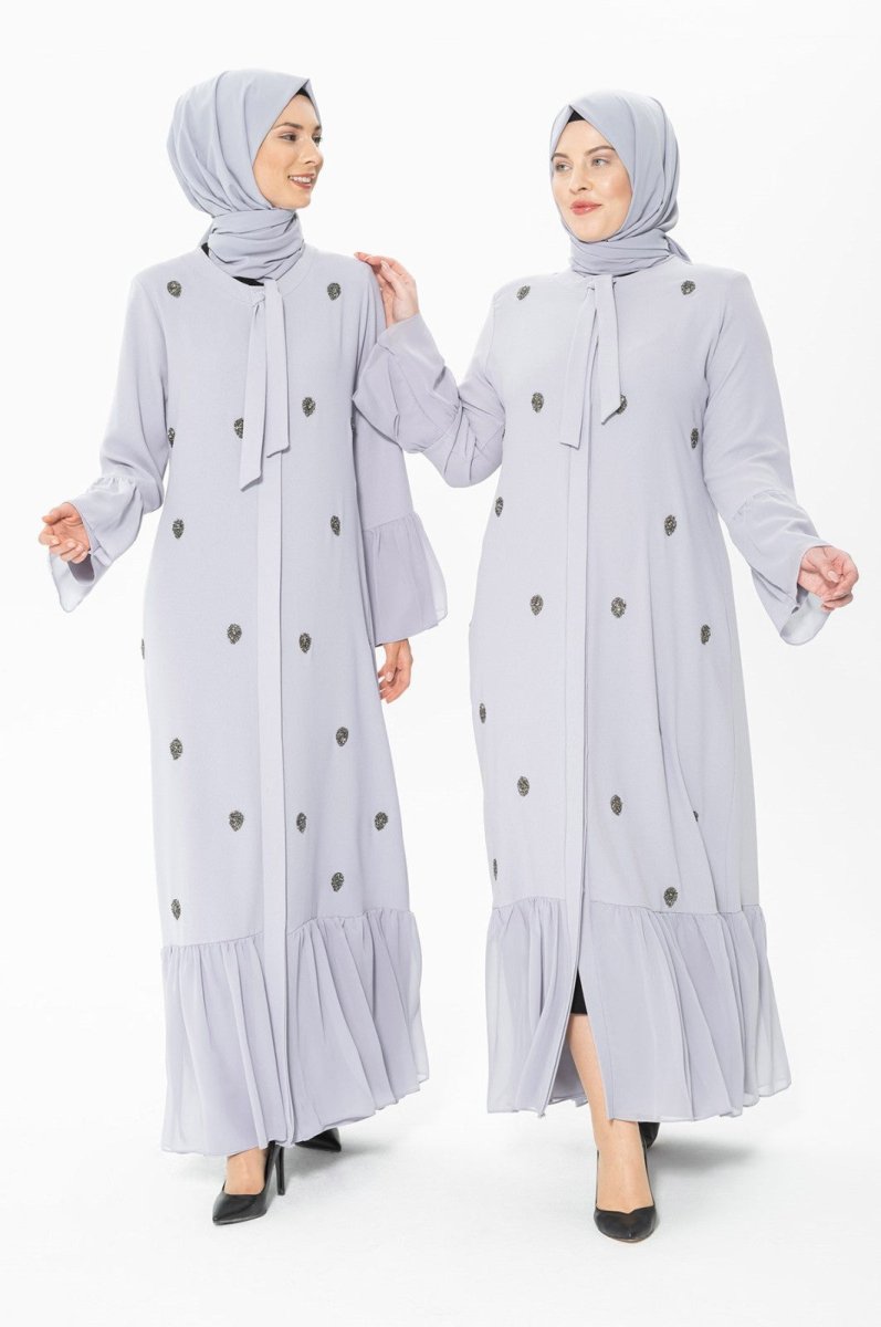Buttoned Stone Embellished Grey Abaya 3007-1 - ihvan