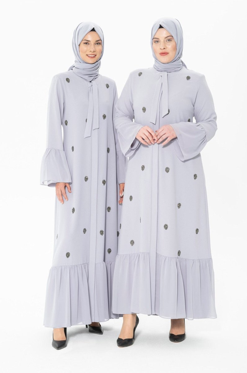 Buttoned Stone Embellished Grey Abaya 3007-1 - ihvan