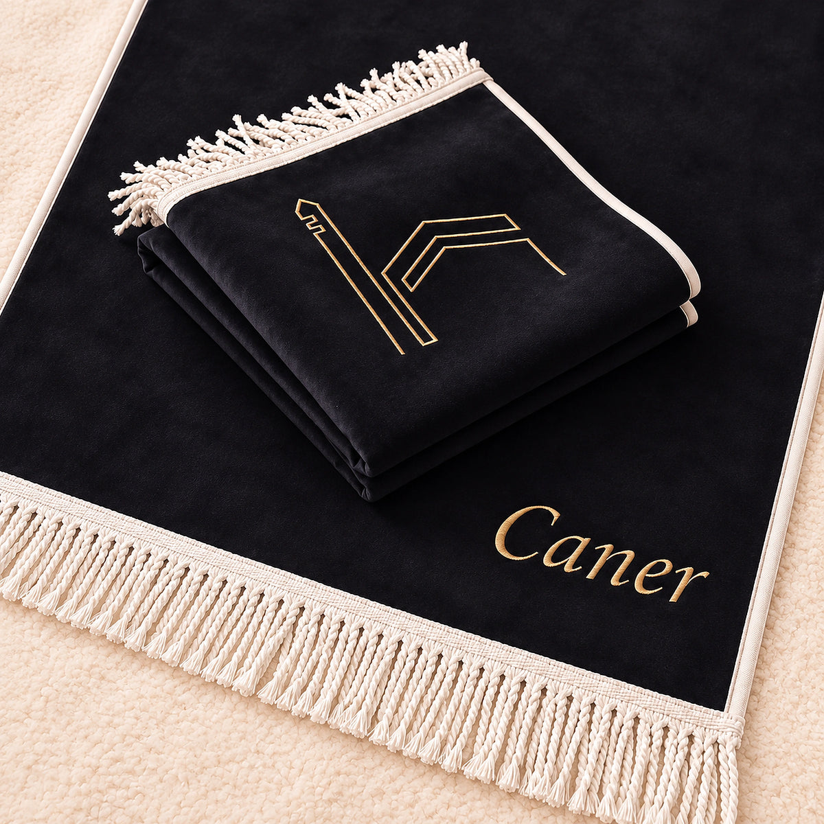 Personalized Luxury Velvet Prayer Rug with Kaaba Embroidery