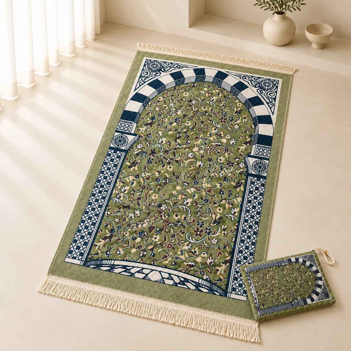 Portable Rawdah Patterned Velvet Prayer Mat with Carry Bag