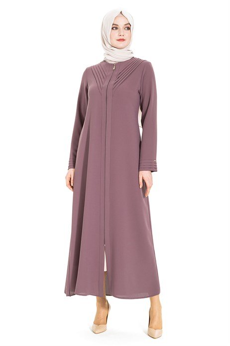 Cappuccino Ribbed Collar Simple Elegant Zippered Hijab Abaya - ihvan