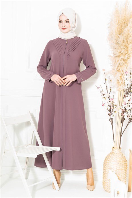 Cappuccino Ribbed Collar Simple Elegant Zippered Hijab Abaya - ihvan