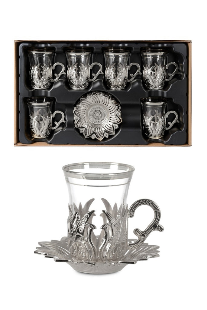 12 Piece Turkish Nostalgic Tea Glasses Set and Saucers for 6 Person, Turkish Tea,  Wedding Gifts, Silver