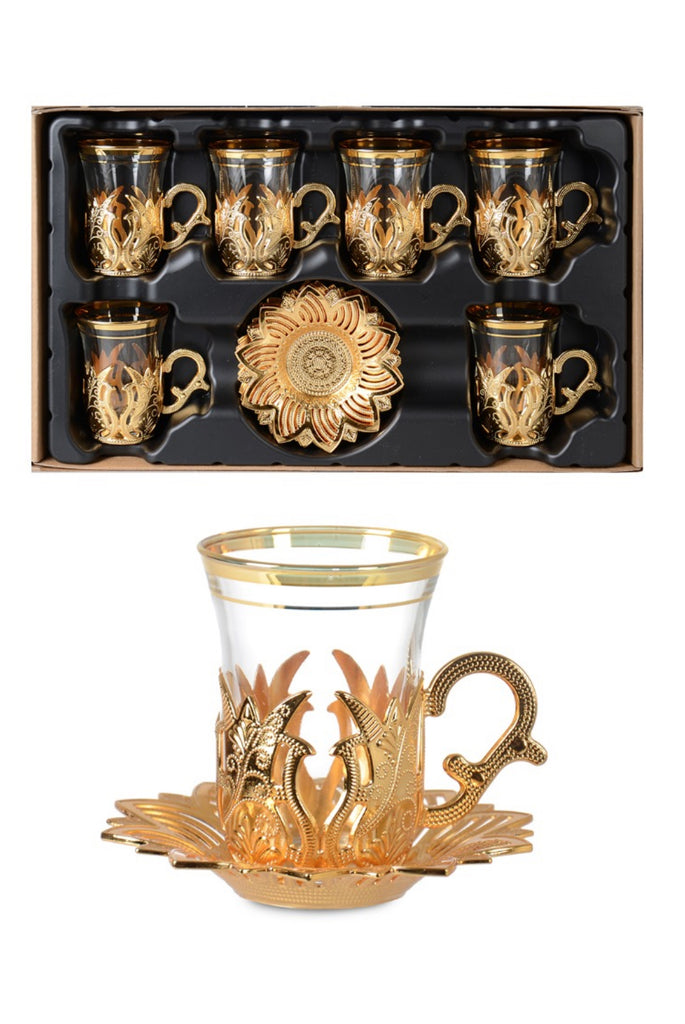 12 Piece Turkish Nostalgic Tea Glasses Set and Saucers for 6 Person, Turkish Tea,  Wedding Gifts, Gold
