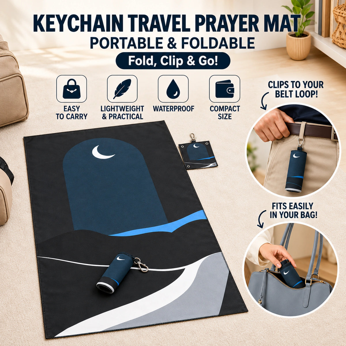 Portable Foldable Travel Prayer Mat with Keychain – Water-Resistant Pocket Sajdah Mat